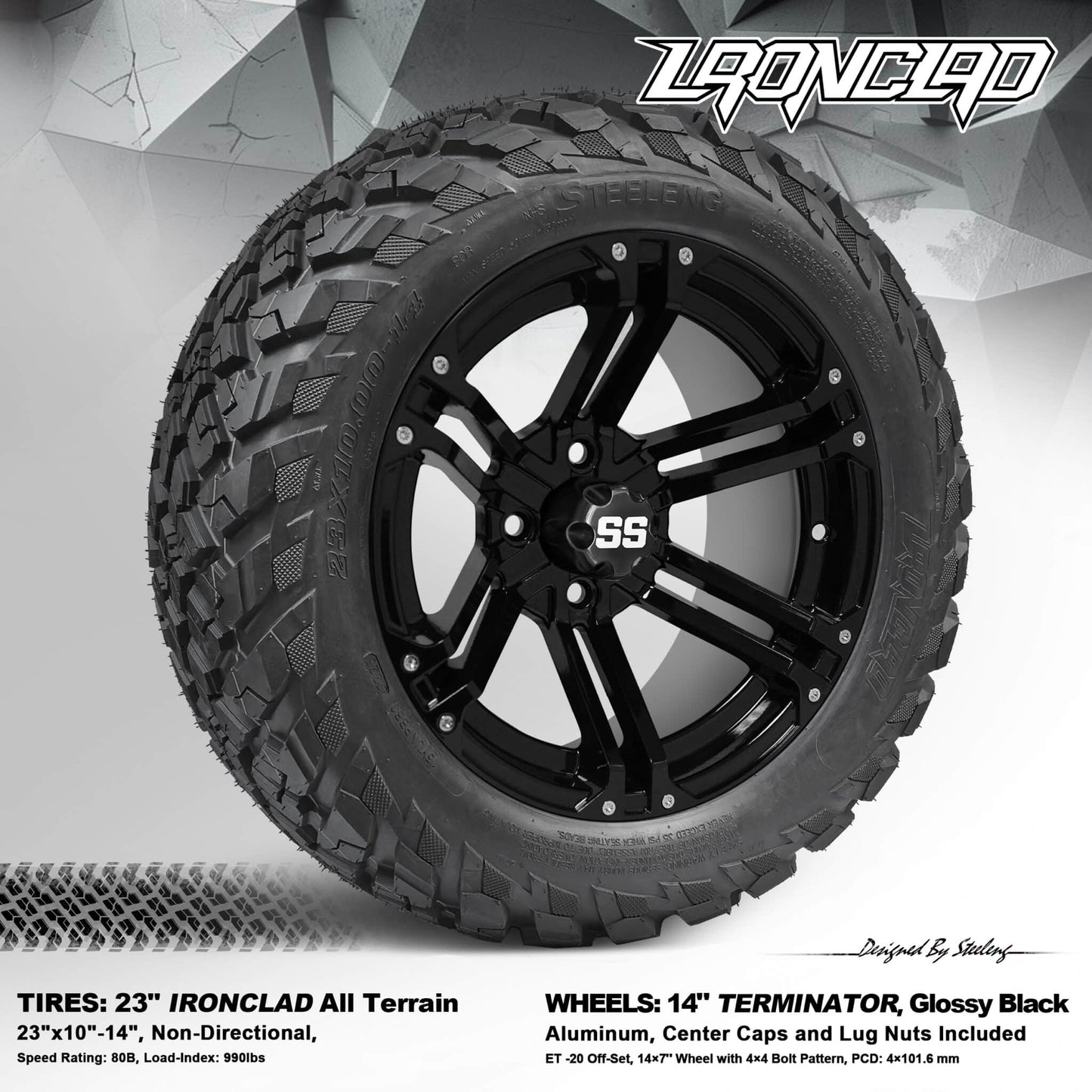 BNDL-TR1408-WH1410-LN0002-CC0002 – SGC 14″ Terminator Glossy Black Wheel – Aluminum Alloy / STEELENG 23″x10″-14″ Ironclad Hybrid AT Tire