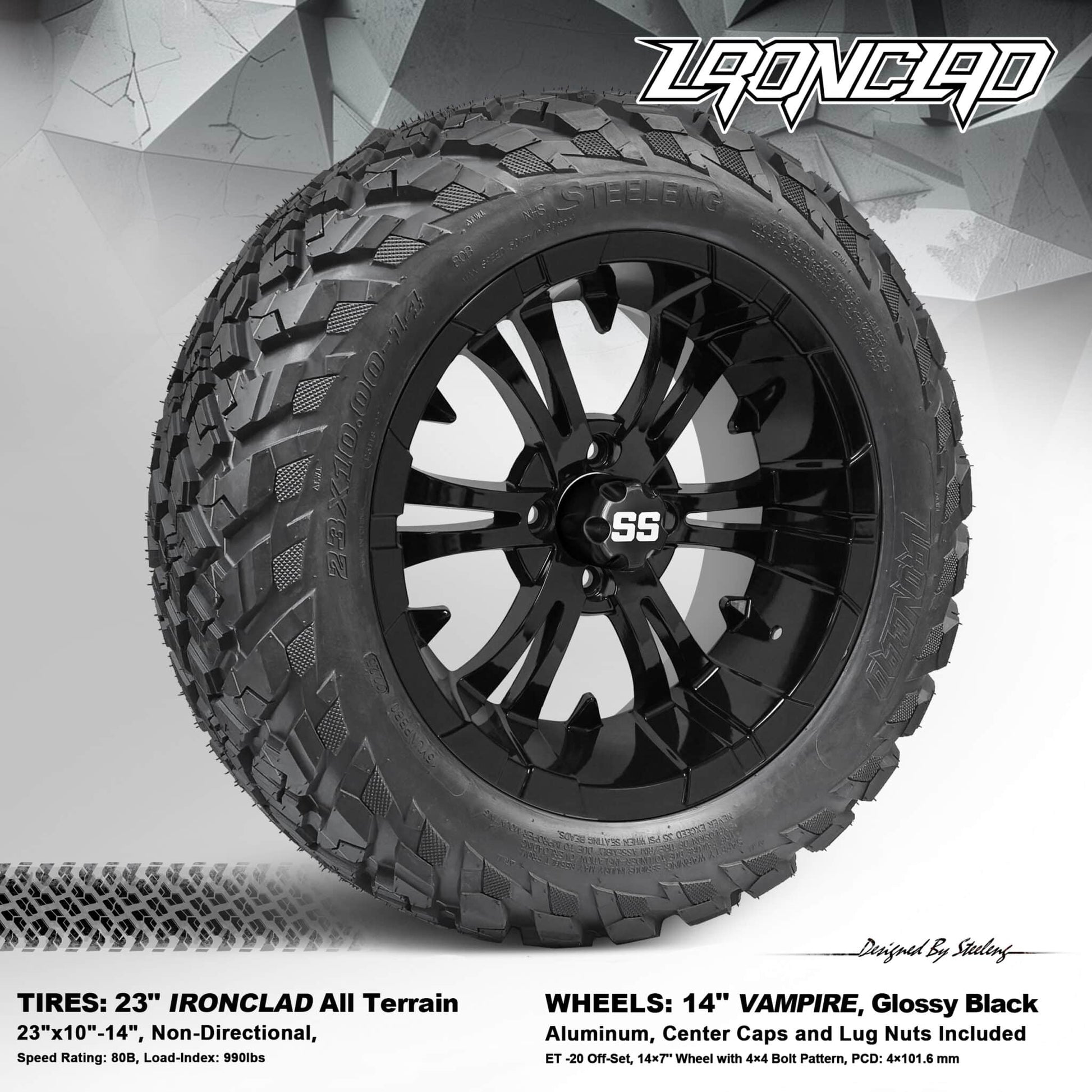 BNDL-TR1408-WH1414-LN0002-CC0002 – SGC 14″ Vampire Glossy Black Wheel – Aluminum Alloy / STEELENG 23″x10″-14″ Ironclad Hybrid AT Tire