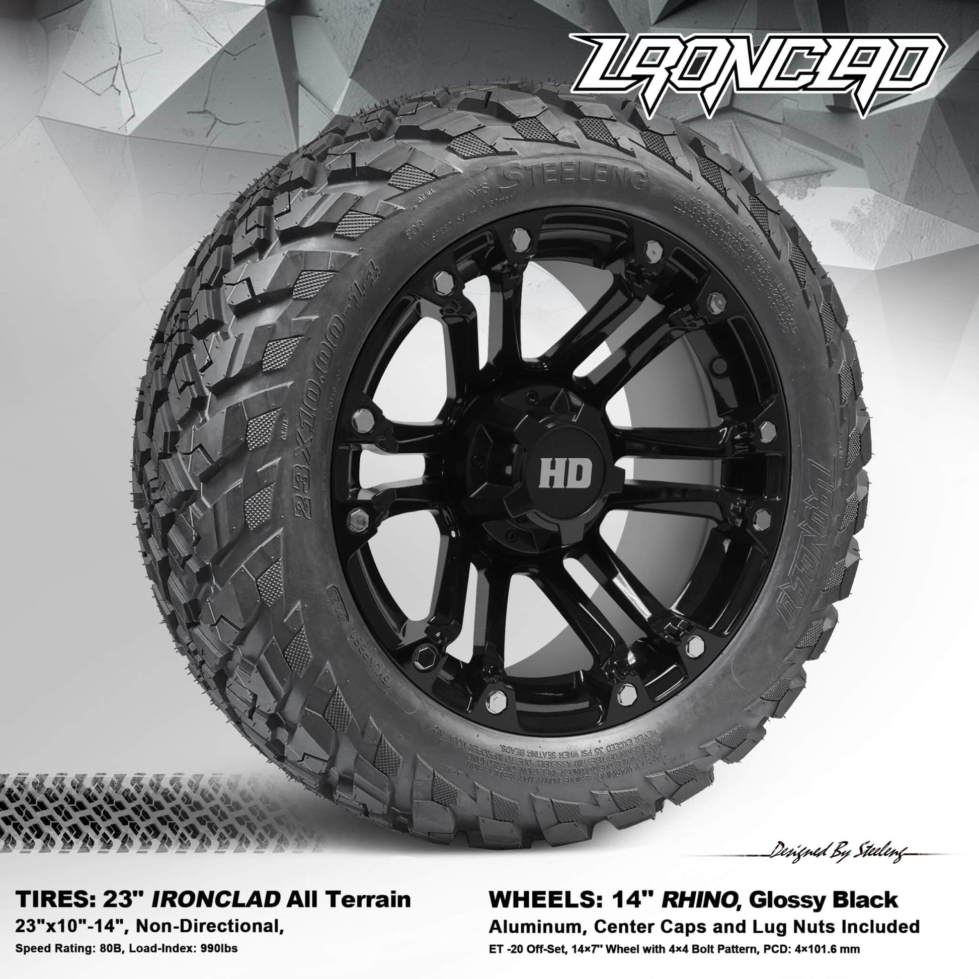 BNDL-TR1408-WH1423-LN0002-CC0002 – SGC 14″ Rhino Glossy Black Wheel – Aluminum Alloy / STEELENG 23″x10″-14″ Ironclad Hybrid AT Tire