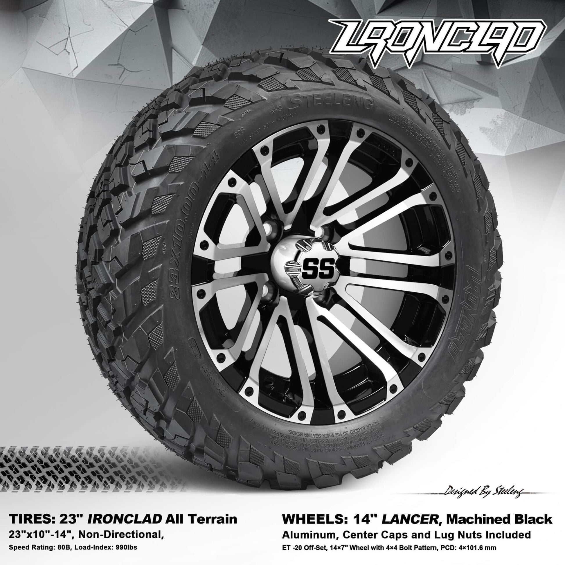 BNDL-TR1408-WH1424-LN0001-CC0001 – SGC 14″ Lancer Machined/Black Wheel – Aluminum Alloy / STEELENG 23″x10″-14″ Ironclad Hybrid AT Tire