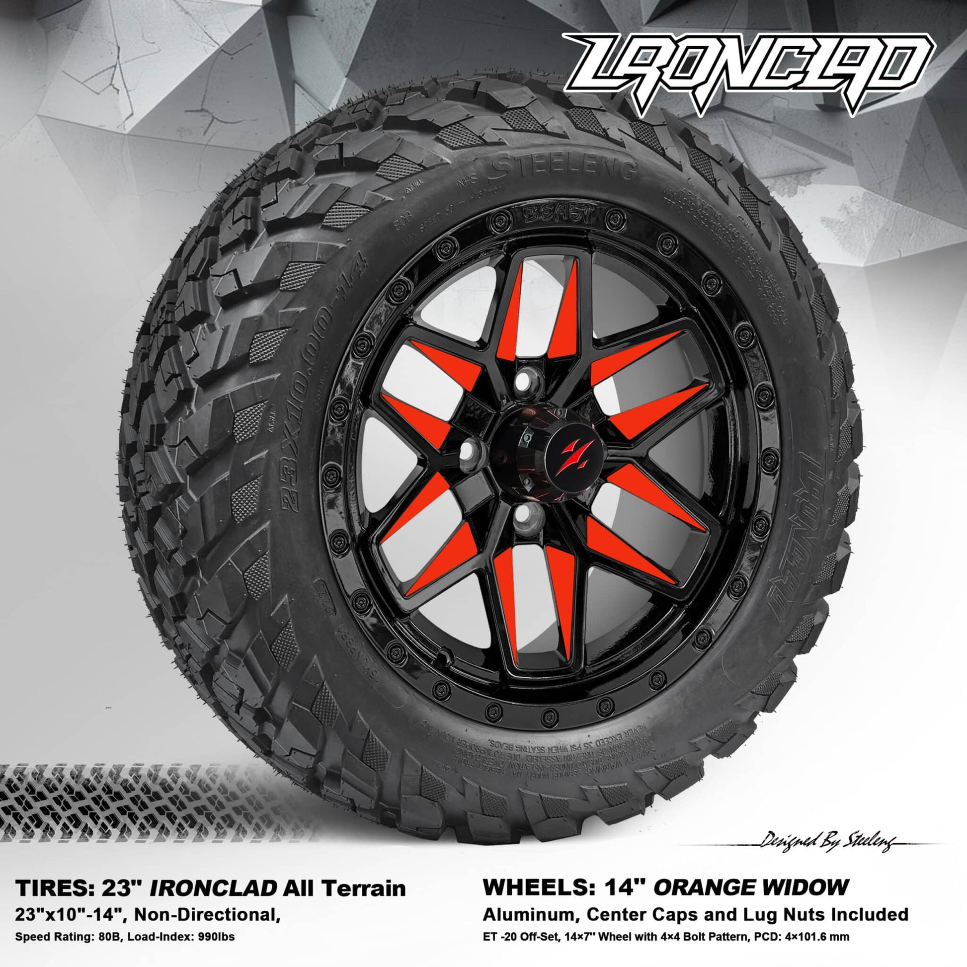 BNDL-TR1408-WH1434-LN0002-CC0021 – SGC 14″ Orange Widow Wheel – Aluminum Alloy / STEELENG 23”x10.5”-14” Ironclad Hybrid AT Tire
