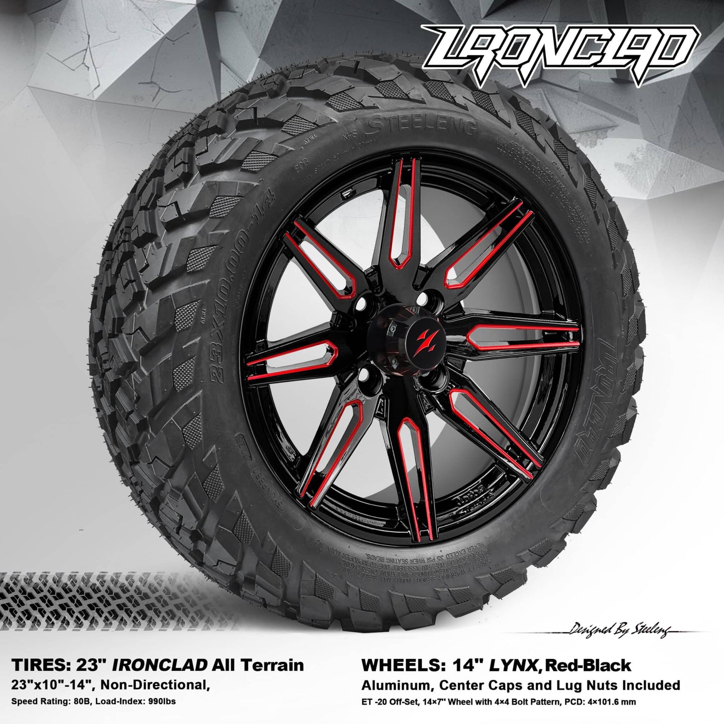 BNDL-TR1408-WH1439-LN0002-CC0020 – SGC 14″ Lynx Red/Black Wheel – Aluminum Alloy / STEELENG 23”x10.5”-14” IRONCLAD HYBRID AT Tire
