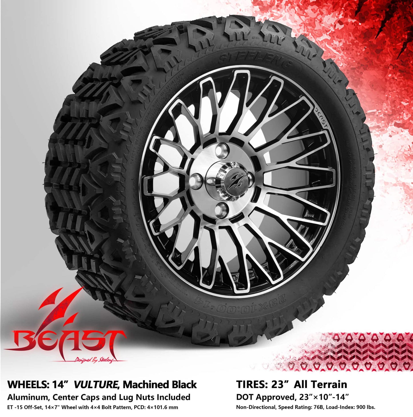 BNDL-TR1403-WH1465-LN0001-CC0025 – SGC 14″ Vulture Machined Black Wheel – Aluminum Alloy / STEELENG 23″x10″-14″ All Terrain Tire DOT approved