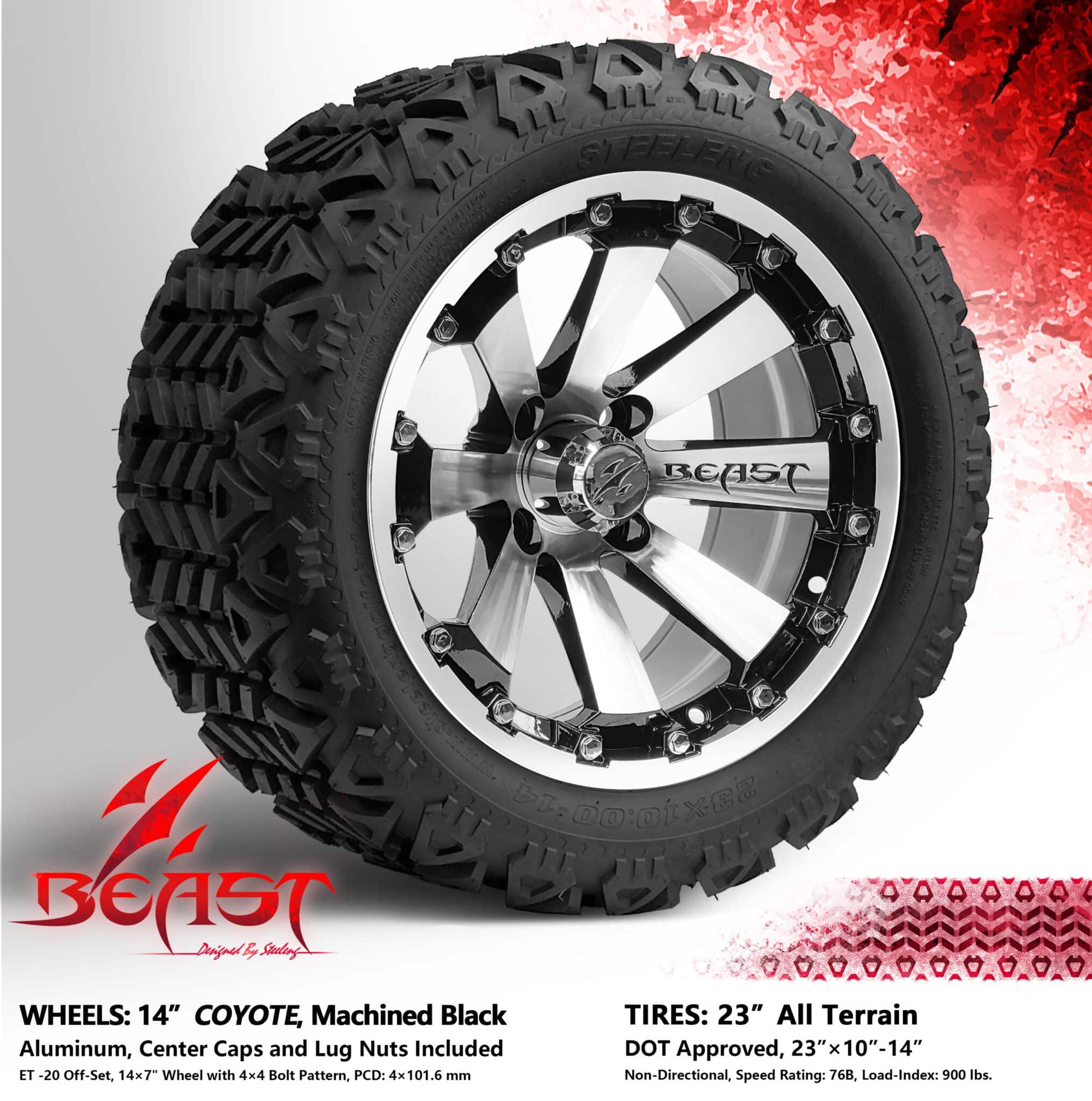 BNDL-TR1403-WH1467-LN0001-CC0025 – SGC 14″ Coyote Machined Black Wheel – Aluminum Alloy / STEELENG 23″x10″-14″ All Terrain Tire DOT approved