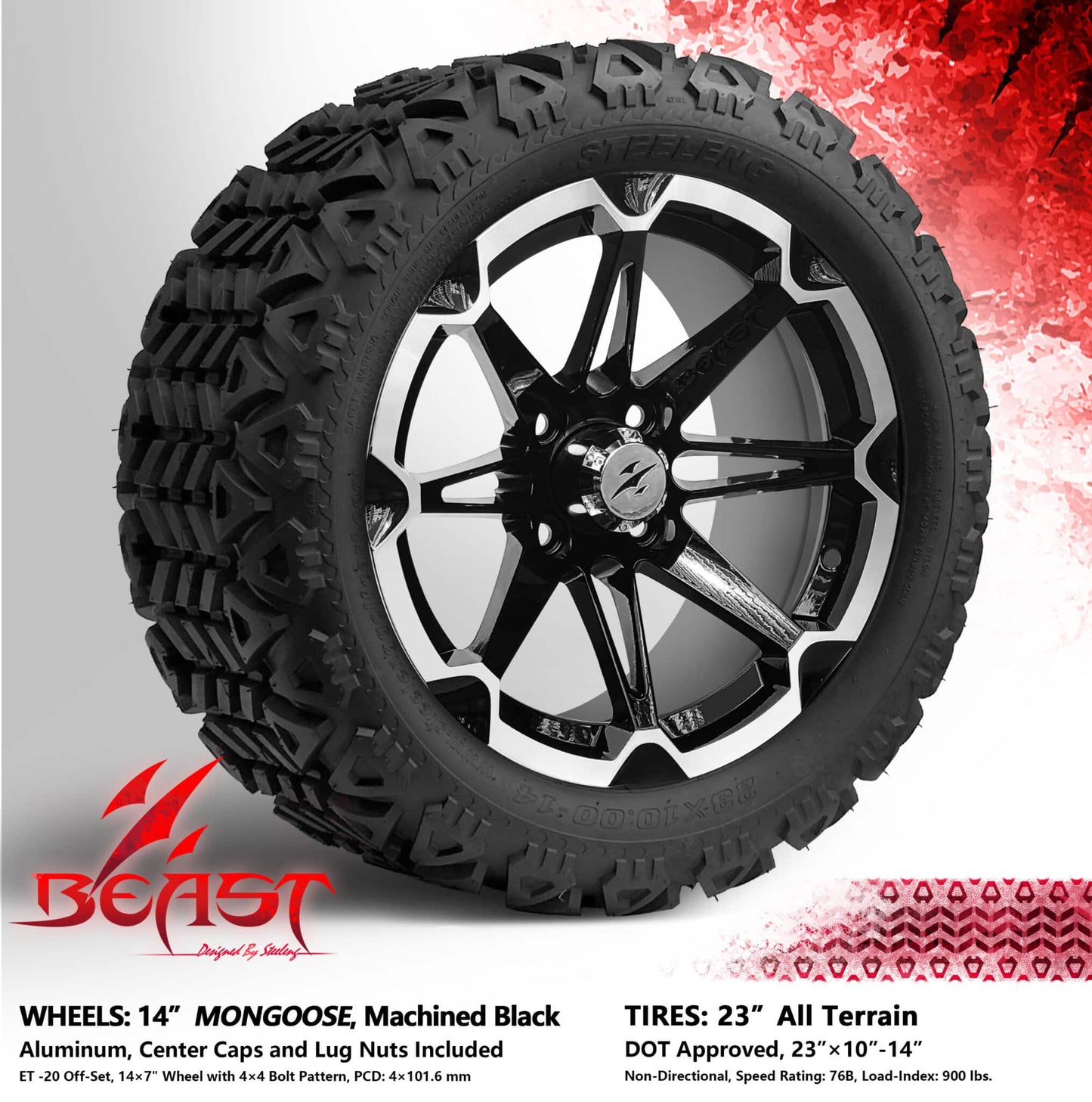 BNDL-TR1403-WH1468-LN0001-CC0025 – SGC 14″ Mongoose Machined Black Wheel – Aluminum Alloy / STEELENG 23″x10″-14″ All Terrain Tire DOT approved